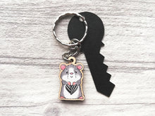 Load image into Gallery viewer, Tiny hamster keyring, mini ginger or grey wooden key fob, sunflower seed heart, eco friendly wood, key chain