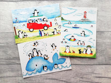 Load image into Gallery viewer, Penguin seaside set of three postcards