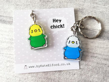 Load image into Gallery viewer, Budgie keyring, Hey chick, cute mini yellow and green or blue budgies key fob