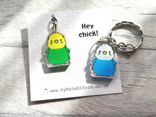 Load image into Gallery viewer, Budgie keyring, Hey chick, cute mini yellow and green or blue budgies key fob