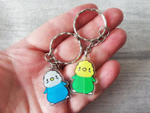 Load image into Gallery viewer, Budgie keyring, Hey chick, cute mini yellow and green or blue budgies key fob