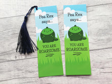 Load image into Gallery viewer, Pea bookmark, you are roarsome, page marker, dinosaur gift, book lover, optional tassel