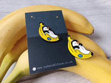 Load image into Gallery viewer, Penguin pin, penguin sleeping in a banana enamel pin, banana moon, fruit, food enamel badge