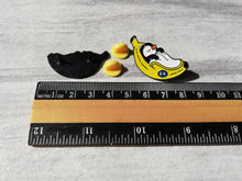 Load image into Gallery viewer, Penguin pin, penguin sleeping in a banana enamel pin, banana moon, fruit, food enamel badge