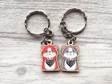 Load image into Gallery viewer, Tiny hamster keyring, mini ginger or grey wooden key fob, sunflower seed heart, eco friendly wood, key chain