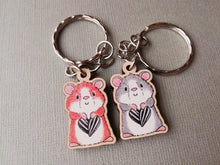 Load image into Gallery viewer, Tiny hamster keyring, mini ginger or grey wooden key fob, sunflower seed heart, eco friendly wood, key chain