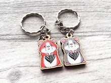 Load image into Gallery viewer, Tiny hamster keyring, mini ginger or grey wooden key fob, sunflower seed heart, eco friendly wood, key chain