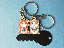 Load image into Gallery viewer, Tiny hamster keyring, mini ginger or grey wooden key fob, sunflower seed heart, eco friendly wood, key chain