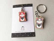Load image into Gallery viewer, Tiny hamster keyring, mini ginger or grey wooden key fob, sunflower seed heart, eco friendly wood, key chain