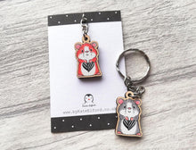 Load image into Gallery viewer, Tiny hamster keyring, mini ginger or grey wooden key fob, sunflower seed heart, eco friendly wood, key chain