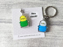 Load image into Gallery viewer, Budgie keyring, Hey chick, cute mini yellow and green or blue budgies key fob