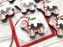 Load image into Gallery viewer, Tortoise Christmas pudding decoration. Little wooden tortoise, small Christmas ornament, eco friendly ethically sourced wood