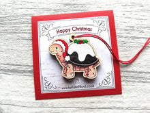 Load image into Gallery viewer, Tortoise Christmas pudding decoration. Little wooden tortoise, small Christmas ornament, eco friendly ethically sourced wood
