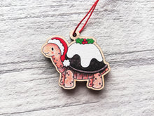Load image into Gallery viewer, Tortoise Christmas pudding decoration. Little wooden tortoise, small Christmas ornament, eco friendly ethically sourced wood