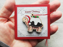 Load image into Gallery viewer, Tortoise Christmas pudding decoration. Little wooden tortoise, small Christmas ornament, eco friendly ethically sourced wood