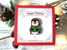 Load image into Gallery viewer, Happy Christmas elf penguin enamel pin, elf badge, Boo the penguin, Christmas brooch gift