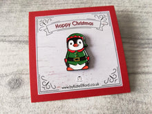Load image into Gallery viewer, Happy Christmas elf penguin enamel pin, elf badge, Boo the penguin, Christmas brooch gift