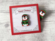 Load image into Gallery viewer, Happy Christmas elf penguin enamel pin, elf badge, Boo the penguin, Christmas brooch gift