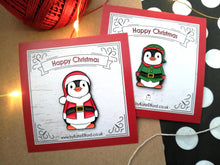 Load image into Gallery viewer, Happy Christmas elf penguin enamel pin, elf badge, Boo the penguin, Christmas brooch gift