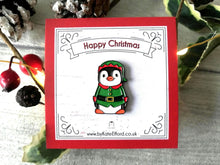 Load image into Gallery viewer, Happy Christmas elf penguin enamel pin, elf badge, Boo the penguin, Christmas brooch gift