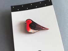 Load image into Gallery viewer, Wooden robin watercolour printed on to a brooch, cut out in the shape of a robin