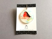 Load image into Gallery viewer, Acrylic robin keyring. The design is a water colour printed on to recycled acrylic