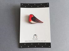 Load image into Gallery viewer, Little wooden robin pin brooch. The design is a watercolour by Kate Elford printed on to wood