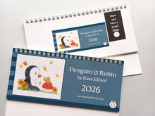 Load image into Gallery viewer, 2026 penguin and robin desk calendar SECONDS - Small Desk Calendar - Penguin And Robin Calendar - Free Standing Calendar