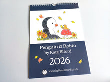 Load image into Gallery viewer, 2026 penguin and robin A4 wall calendar SECONDS - A4 Wall Calendar - Penguin And Robin Calendar - Spiral Binding Calendar