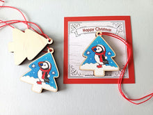 Load image into Gallery viewer, Puffin Christmas tree decoration - Wooden Christmas Ornament - Small Tree Decoration - Lightweight Puffin Decoration - Red Thread Ornament