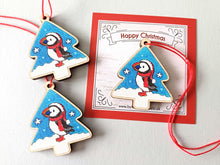 Load image into Gallery viewer, Puffin Christmas tree decoration - Wooden Christmas Ornament - Small Tree Decoration - Lightweight Puffin Decoration - Red Thread Ornament