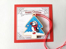 Load image into Gallery viewer, Puffin Christmas tree decoration - Wooden Christmas Ornament - Small Tree Decoration - Lightweight Puffin Decoration - Red Thread Ornament