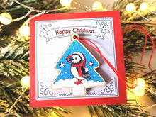 Load image into Gallery viewer, Puffin Christmas tree decoration - Wooden Christmas Ornament - Small Tree Decoration - Lightweight Puffin Decoration - Red Thread Ornament