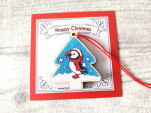 Load image into Gallery viewer, Puffin Christmas tree decoration - Wooden Christmas Ornament - Small Tree Decoration - Lightweight Puffin Decoration - Red Thread Ornament