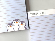 Load image into Gallery viewer, Penguin A6 notepad, things to do - A6 Note Pad - Blue And White Jotter - Penguin Design Notepad - High-Quality Paper Notepad