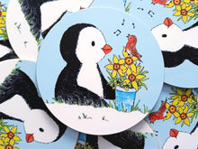 Load image into Gallery viewer, Penguin and Robin Coaster - Spring Theme, Daffodil Table Mat