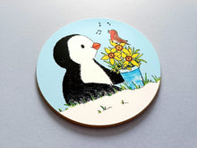 Load image into Gallery viewer, Penguin and Robin Coaster - Spring Theme, Daffodil Table Mat