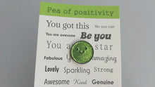 Load and play video in Gallery viewer, Pea of positivity glitter enamel pin, cute green pea, positive gift, friendship, supportive badge
