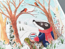 Load image into Gallery viewer, Close up of a badger and robins winter print