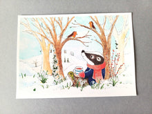 Load image into Gallery viewer, Badger and robins in the countryside illustration. 7x5 print