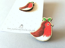 Load image into Gallery viewer, Robin and holly pin, eco friendly wooden Christmas brooch

