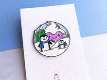 Load image into Gallery viewer, Penguin enamel pin, snow and mountains