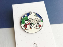 Load image into Gallery viewer, Penguin enamel brooch, snow and happy mountains