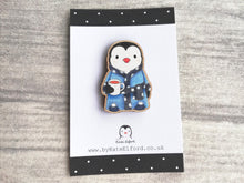 Load image into Gallery viewer, Little wooden penguin magnet having a cup of tea
