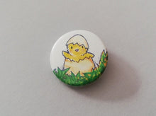 Load image into Gallery viewer, Yellow chick hatching from an egg, mini Easter button badge