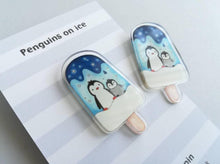 Load image into Gallery viewer, Ice lolly acrylic pins, cute little penguin in the snow design
