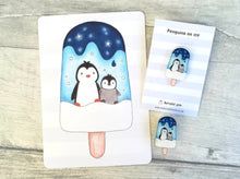 Load image into Gallery viewer, Penguins on ice, recycled acrylic penguin pin, ice lolly badge, cute ice design, recycled pin brooch