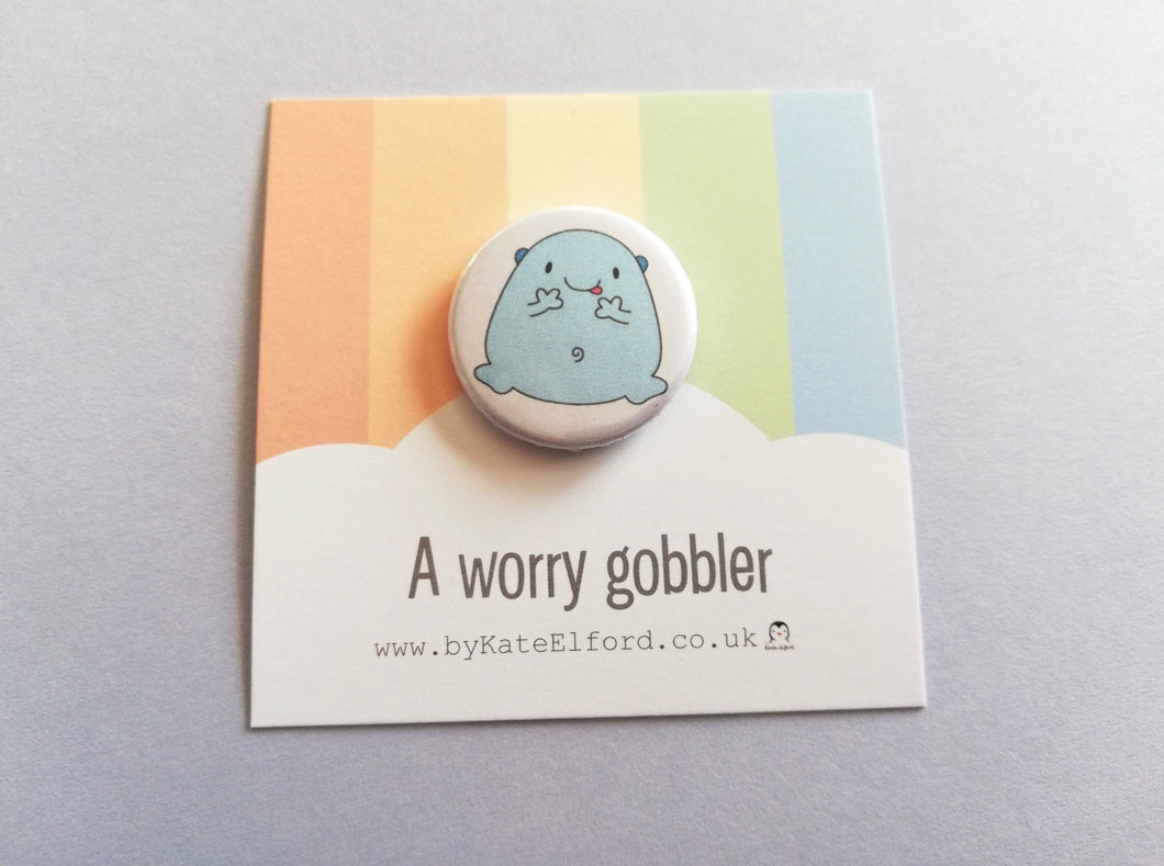 A worry gobbler button badge, cute blue blob, positive gift, friendship, care, supportive, anxiety, mini badge, cute button badge