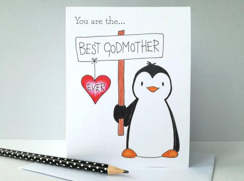Godmother card, birthday, mother's day, thank you, little penguin with a red heart, greeting card is blank inside. Best Godmother ever for any occasion