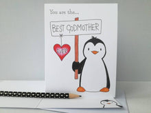 Load image into Gallery viewer, Godmother card, birthday, mother&#39;s day, thank you, little penguin with a red heart, greeting card is blank inside. Best Godmother ever, Christmas, birthday, Mother&#39;s day, Just to say
